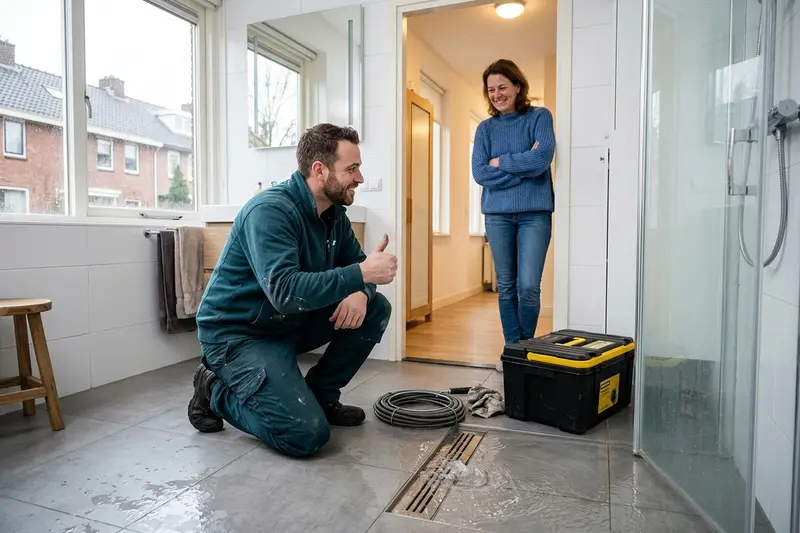 Ontstoppingsmonteur geeft een duim omhoog bij de vrijgemaakte keukenafvoer terwijl de opgeluchte bewoners toekijken
