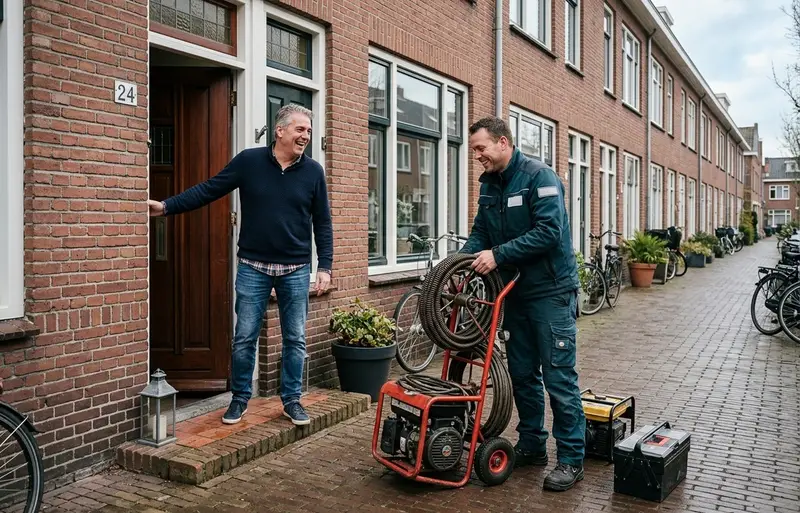 Ontstoppingsmonteur en bewoner maken lachend een praatje bij de voordeur na de klus