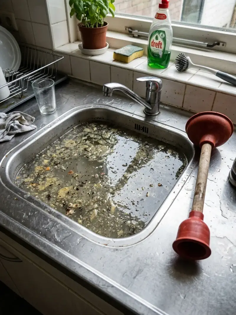 Gootsteen vol stilstaand water door een verstopte afvoer