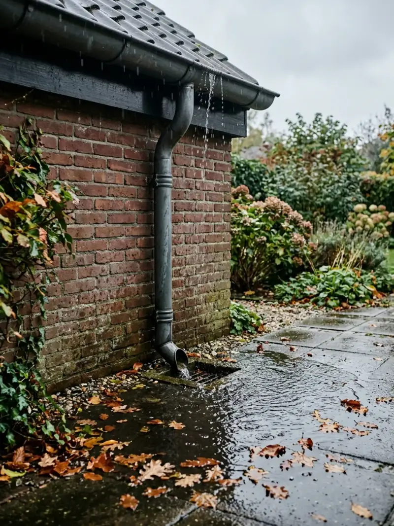 Regenpijp die overloopt door blad en vuil